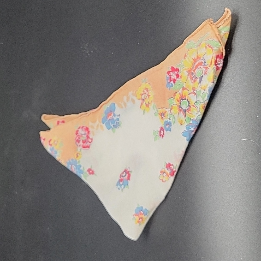 Vintage Cream and Orange Floral Handkerchief with Blue, Red and Yellow Flowers